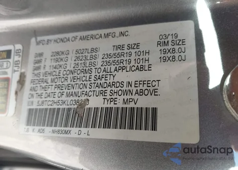 2019 Acura Rdx Technology Package z USA, uszkodzony, nr VIN 5J8TC2H53KL038258